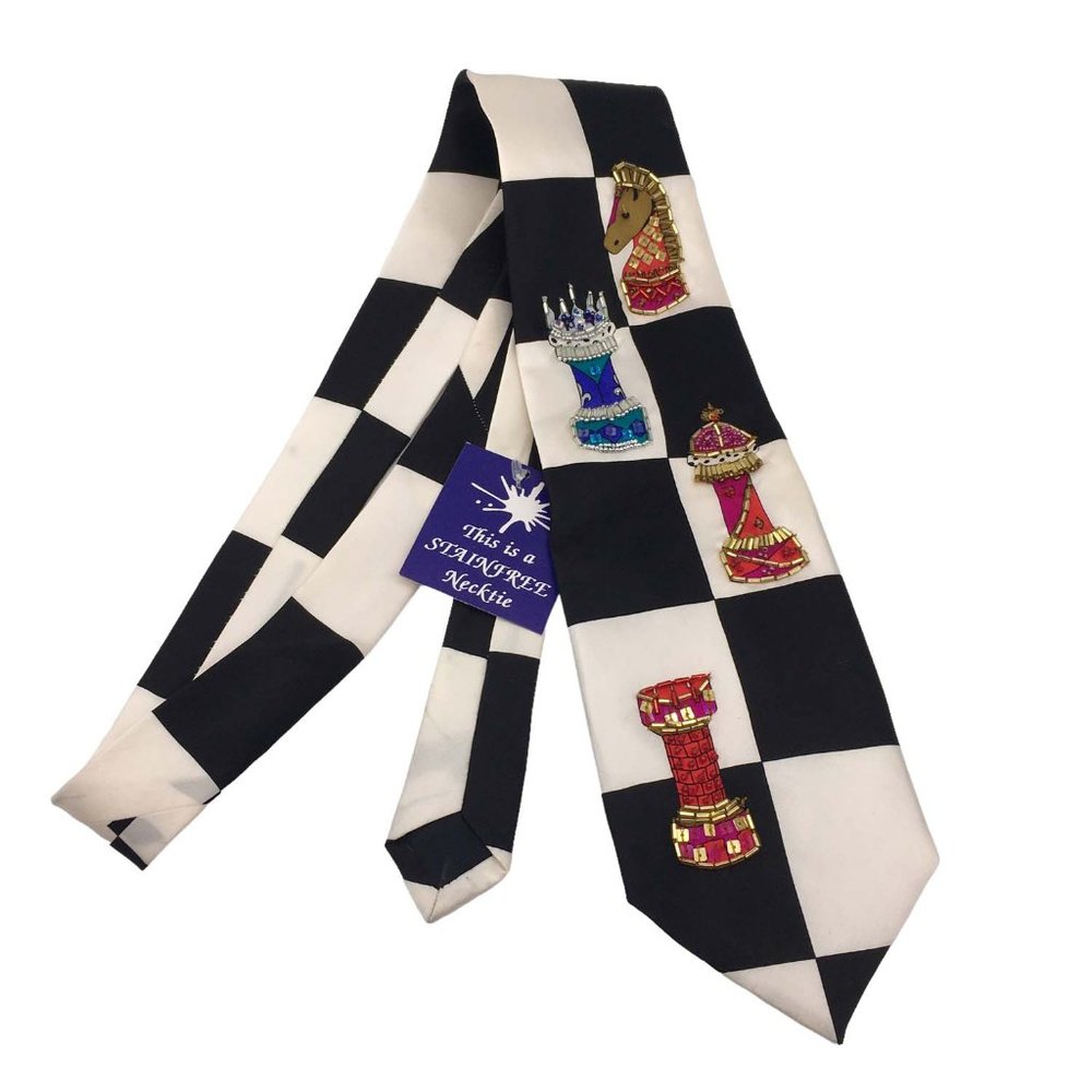 Black White Chess‎ Board Fun Novelty Silk Necktie, Sequin Beaded Tie, Gambit NWT